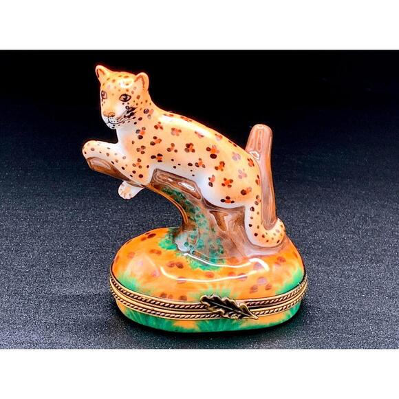 Authentic Cardinal France Limoges Trinket Box – Hand-Painted Leopard on Branch